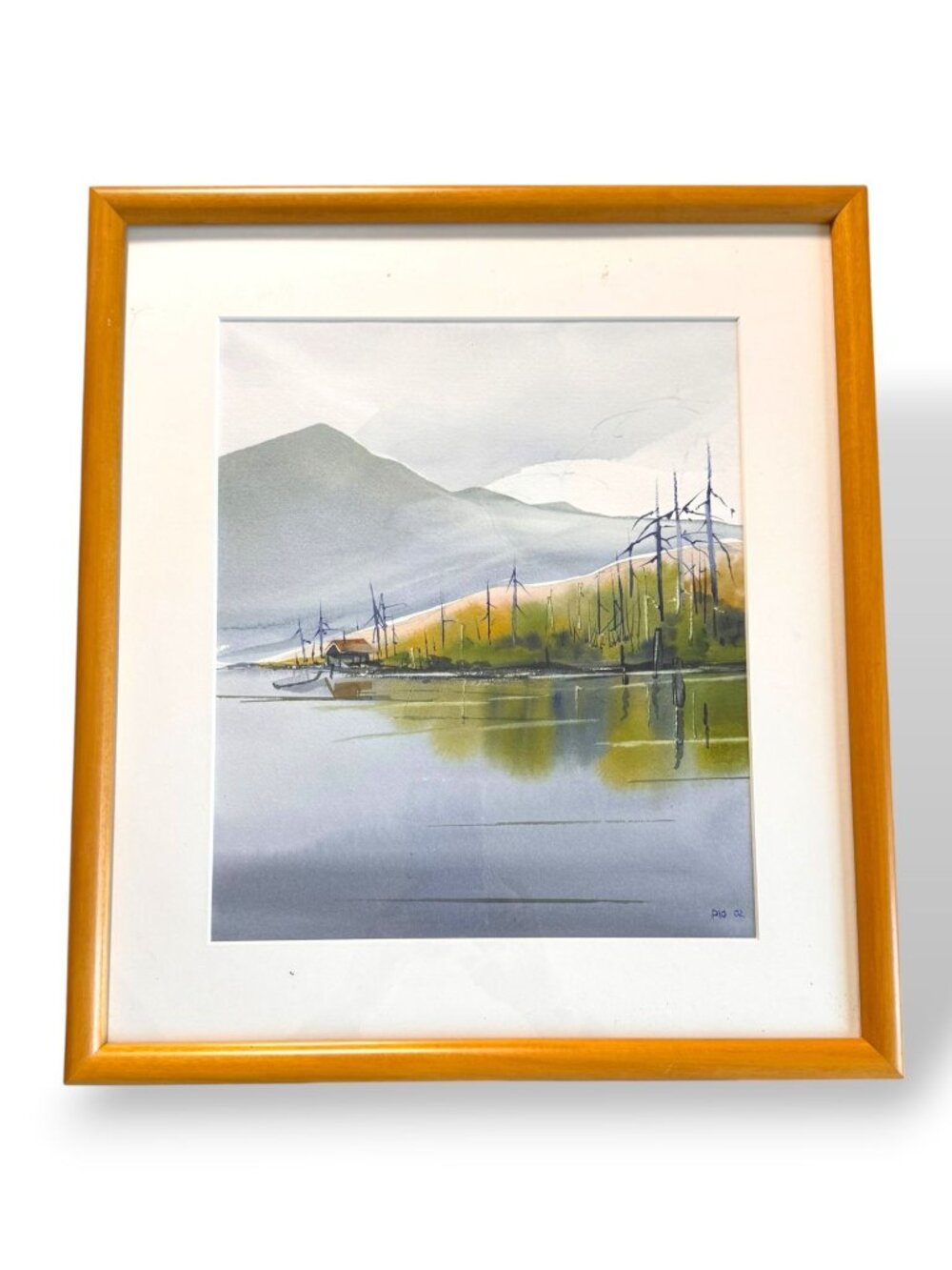 Original Pio Lyons Signed Watercolor Painting "Viking Lake" Wood Frame 19"x17"